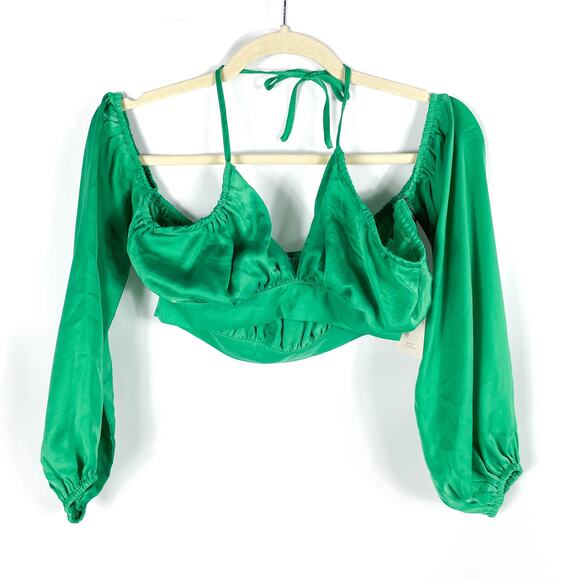 Superdown Reyba Off‎ Shoulder Crop Top Green Satin Keyhole Long Sleeve Sz XS - Picture 6 of 12